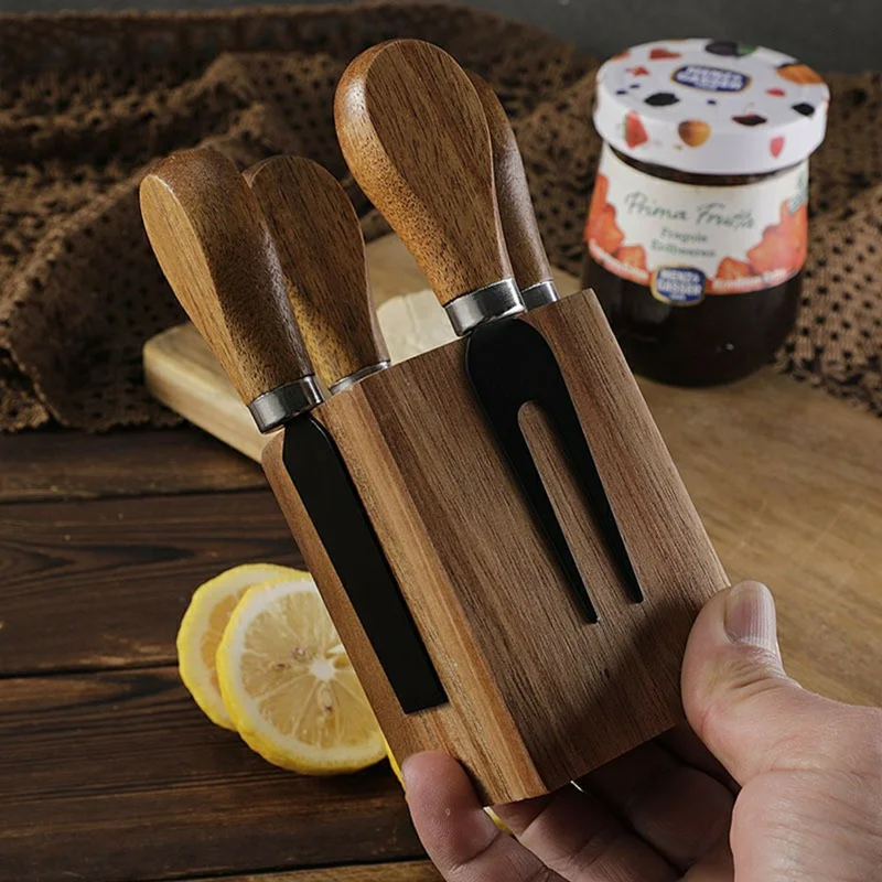 5Pcs Cheese Kitchen Knife Set 420 Stainless Steel Acacia Wood Handle Cutting Tool Kit with Magnetic Stand - QS01A35 / Silver