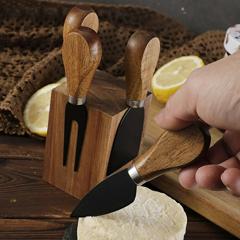 5Pcs Cheese Kitchen Knife Set 420 Stainless Steel Acacia Wood Handle Cutting Tool Kit with Magnetic Stand - QS01A35 / Silver
