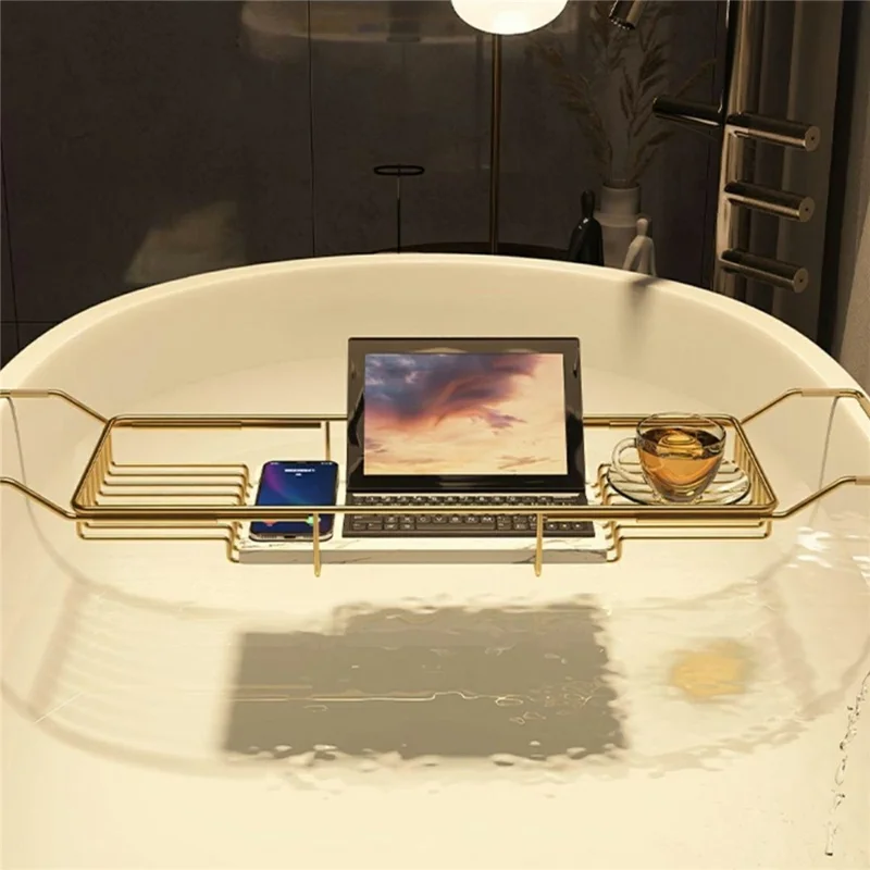 Bathtub Caddy Shelf 304 Stainless Steel Expandable 63-103cm Storage Rack with Phone Tablet Holder for Bathroom - Gold