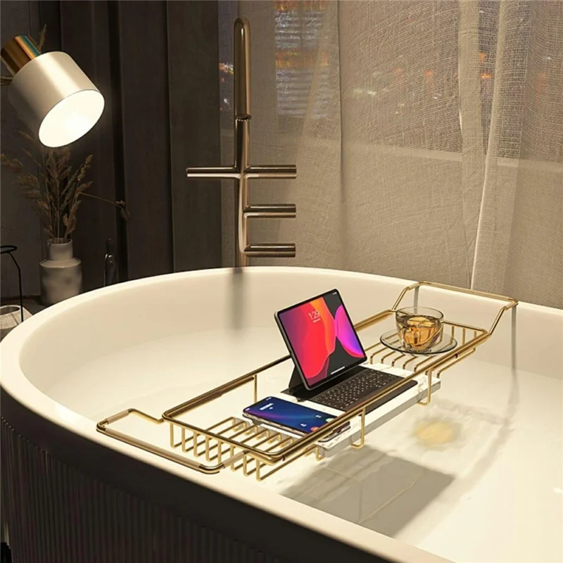 Bathtub Caddy Shelf 304 Stainless Steel Expandable 63-103cm Storage Rack with Phone Tablet Holder for Bathroom - Gold
