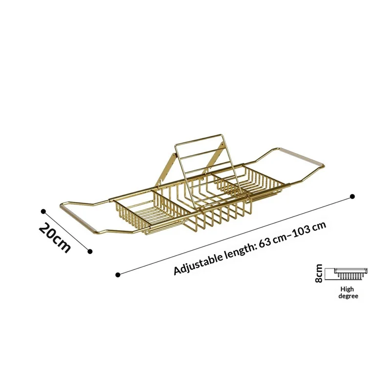 Bathtub Caddy Shelf 304 Stainless Steel Expandable 63-103cm Storage Rack with Phone Tablet Holder for Bathroom - Gold