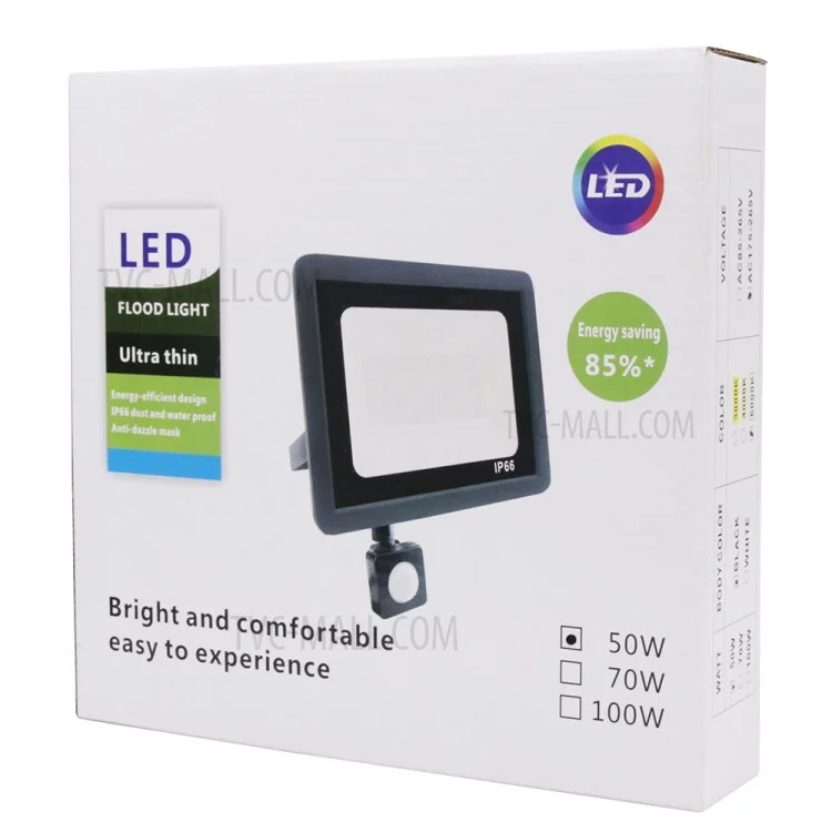 Projecteur extérieur étanche IP66 à 72 LED de 50W avec support en U style B et capteur de mouvement [capteur PIR]
