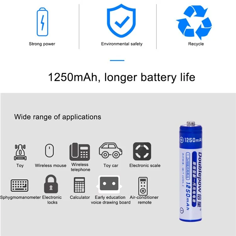 DOUBLEPOW AAA1250mAh 4Pcs 1.2V 1250mAh AAA Ni-MH Battery Remote Control Electronic Toy Rechargeable Battery with Storage Box