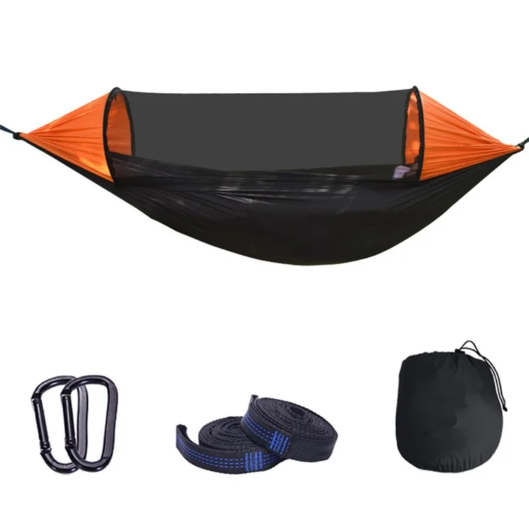 RYDC-012 280x140cm Outdoor Quick Open Open 210T Nylon Hammock Anti-rollover Camping Hanging Swing Bed Con Cremallera Neta de Mosquito - Negro / Naranja