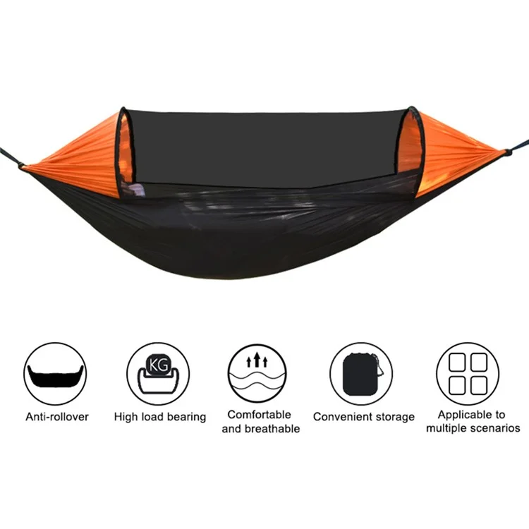 RYDC-012 280x140cm Outdoor Quick Open Open 210T Nylon Hammock Anti-rollover Camping Hanging Swing Bed Con Cremallera Neta de Mosquito - Negro / Naranja