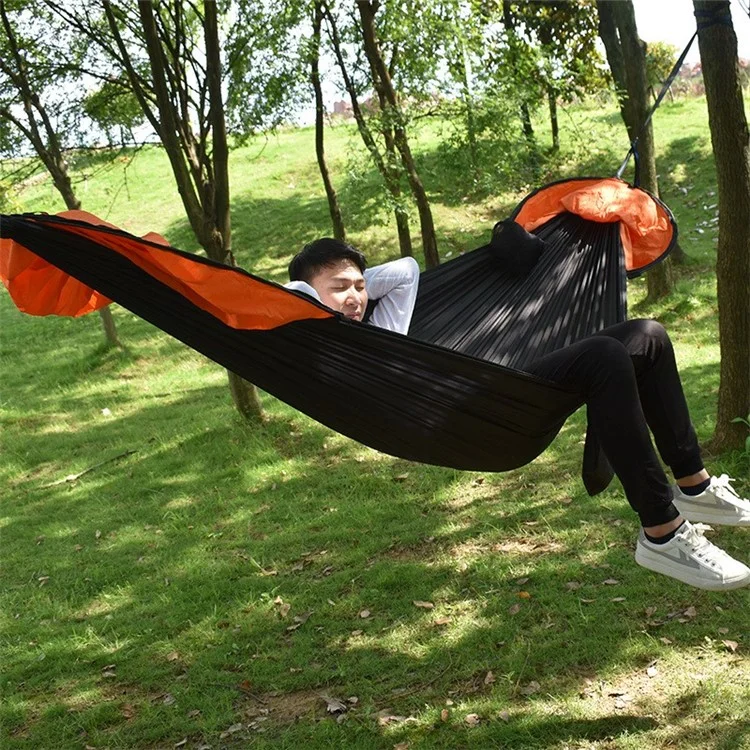 RYDC-012 280x140cm Outdoor Quick Open Open 210T Nylon Hammock Anti-rollover Camping Hanging Swing Bed Con Cremallera Neta de Mosquito - Negro / Naranja