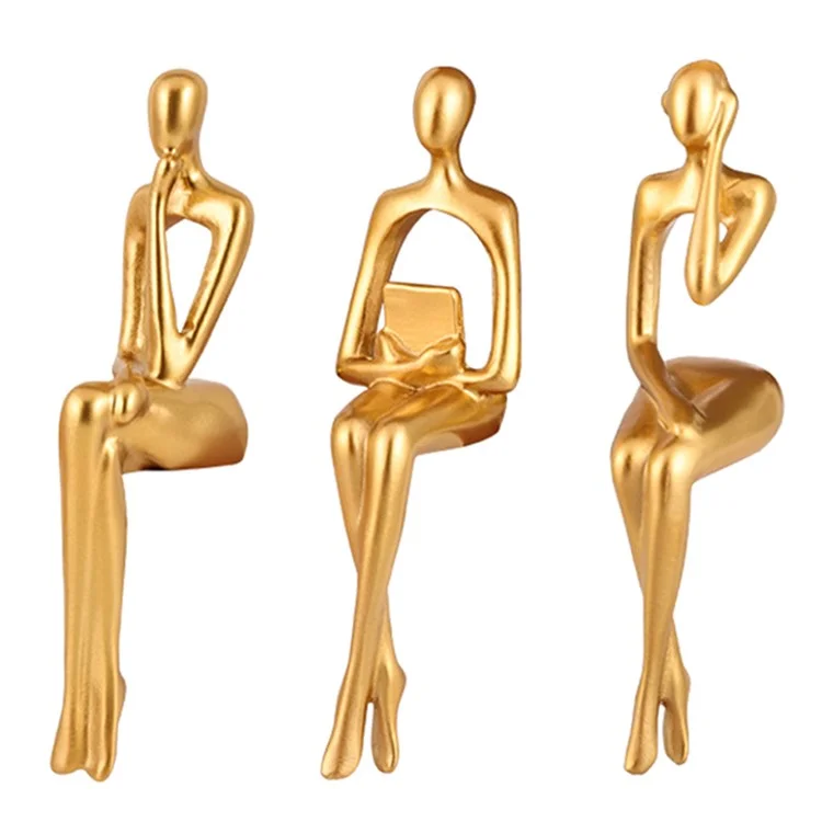 3Pcs / Set Golden Nordic Abstract Figure Statue Ornaments Resin Character Sitting Miniatures Modern Office Room Bookshelf Decoration