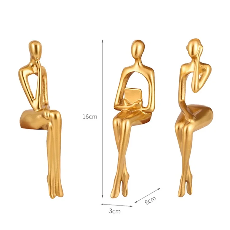 3Pcs / Set Golden Nordic Abstract Figure Statue Ornaments Resin Character Sitting Miniatures Modern Office Room Bookshelf Decoration