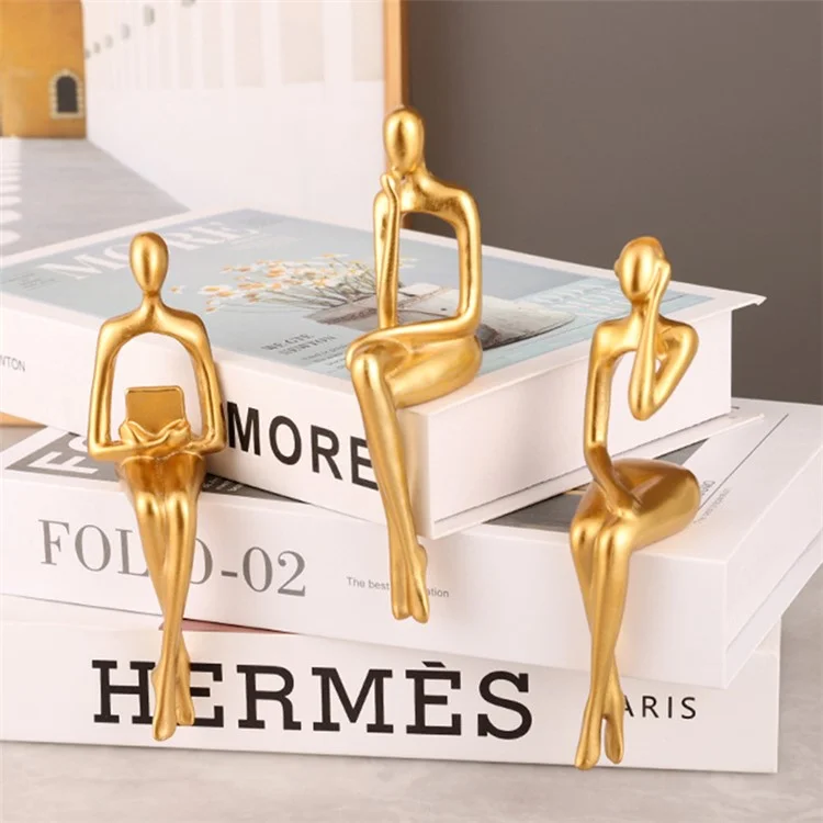 3Pcs / Set Golden Nordic Abstract Figure Statue Ornaments Resin Character Sitting Miniatures Modern Office Room Bookshelf Decoration