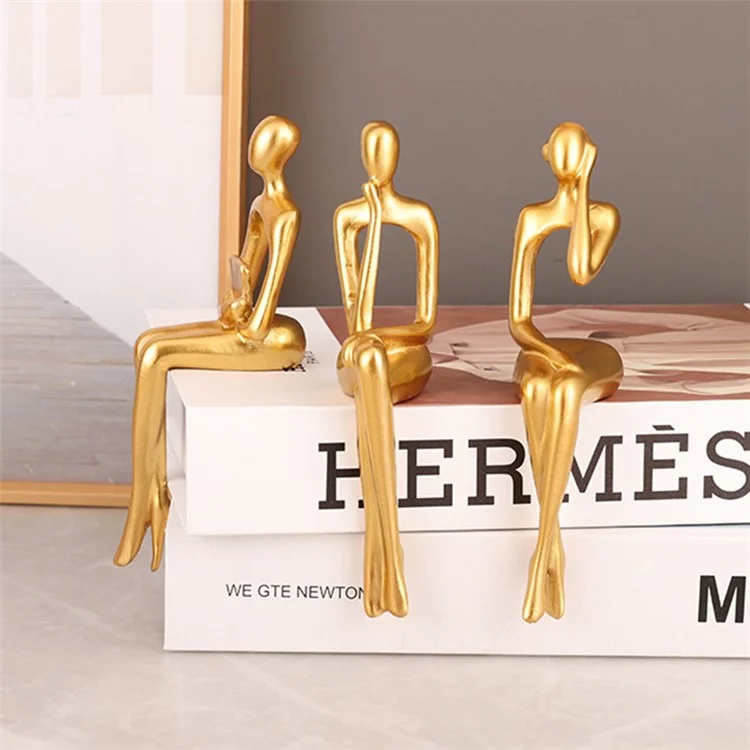 3Pcs / Set Golden Nordic Abstract Figure Statue Ornaments Resin Character Sitting Miniatures Modern Office Room Bookshelf Decoration