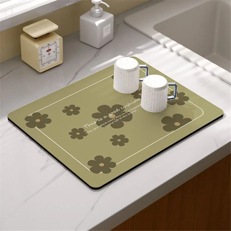 40*50cm Super Absorbent Diatomite Dish Drying Mat Tableware Draining Pad - Matcha Green / Flower
