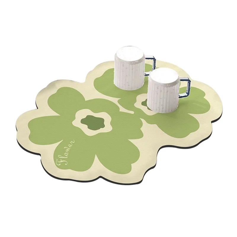 40*50cm Super Absorbent Diatomite Dish Drying Mat Tableware Draining Pad - Two Flowers / Green