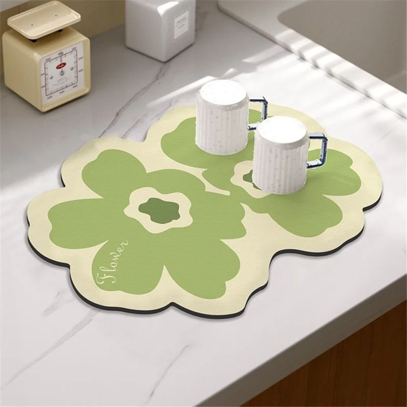 40*50cm Super Absorbent Diatomite Dish Drying Mat Tableware Draining Pad - Two Flowers / Green