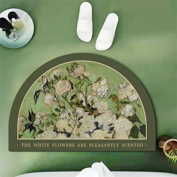 Alfombra de baño estilo nórdico J-26 de 60x90 cm, de barro de diatomeas, absorbente de agua y antideslizante - Semicírculo / Peonia blanca