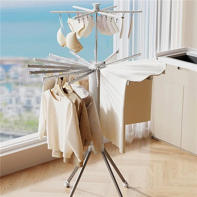 Dual Layer Foldable Floor-Standing Octopus Clothes Drying Rack Household Multi-Head Clothes Drying Rack - White