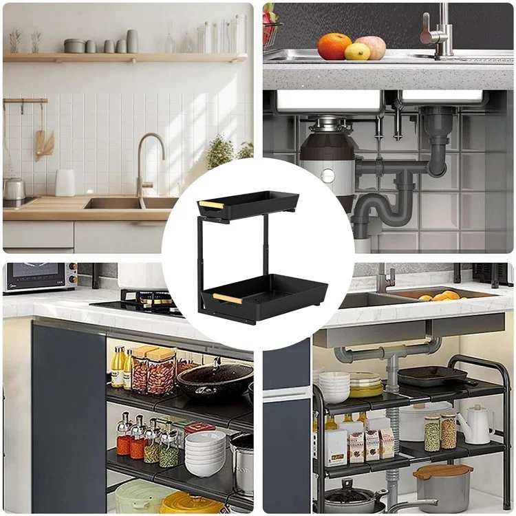 Estantería para Debajo del Fregadero, Ajustable en Altura, con Cajón Deslizante y Diseño en Forma de L, de ABS