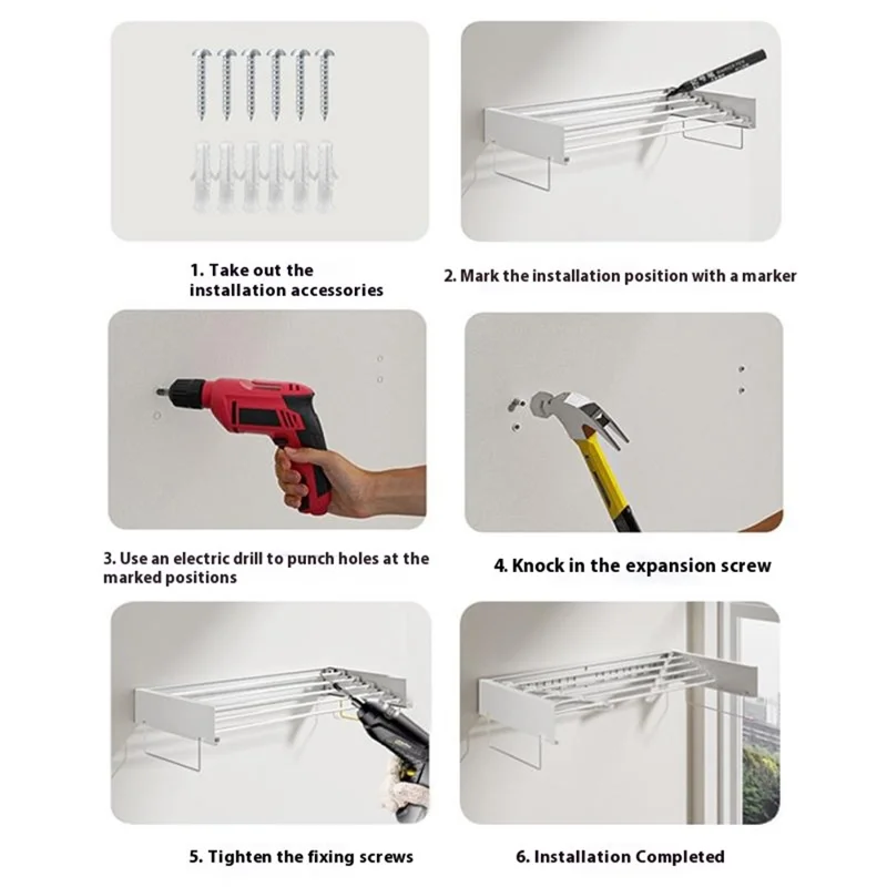 1M 5 Rods Folding Wall Mounted Clothes Drying Rack Towel Hanger Retractable Laundry Organizer with Pull Handle - White