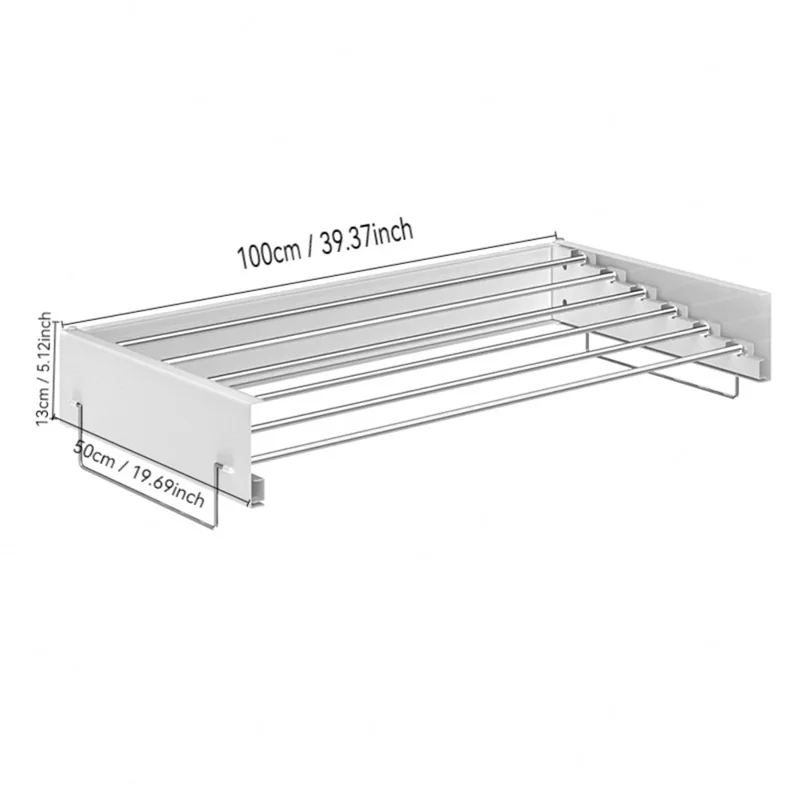 1M 6 Rods Folding Wall Mounted Clothes Drying Rack Towel Hanger Windproof Invisible Storage Rack with Pull Handle - White