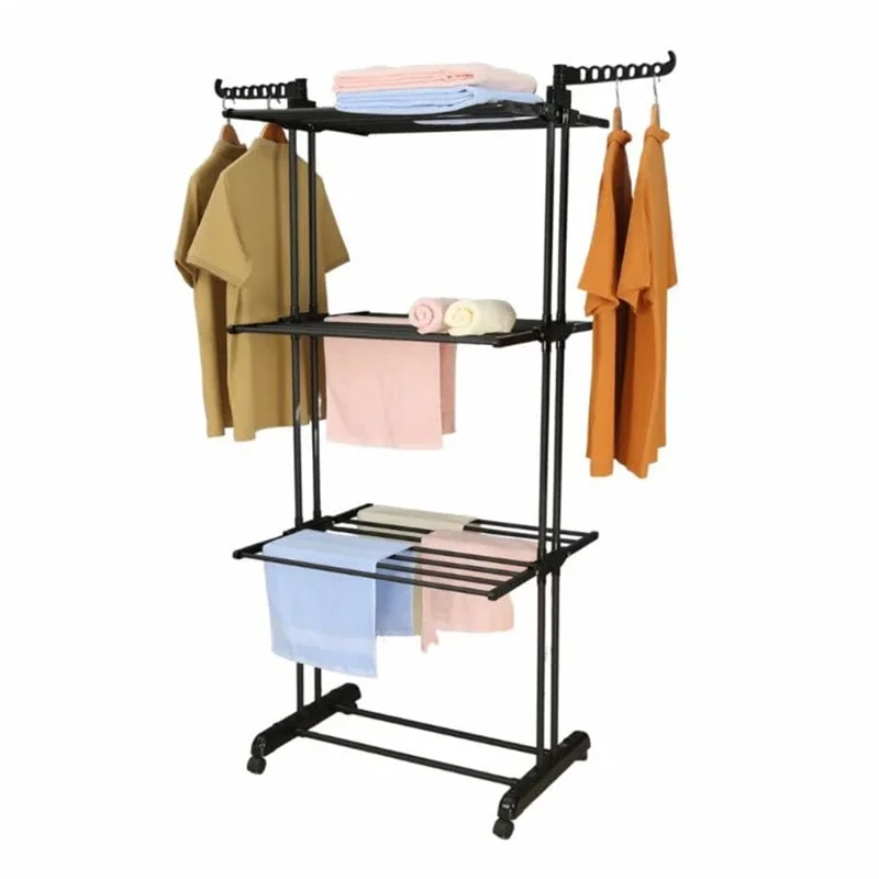 Séchoir à linge multifonctionnel sur 3 niveaux, support de séchage pliable et mobile en acier carbone avec étagère à chaussures - Noir