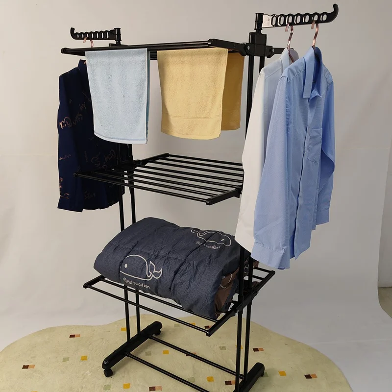 Séchoir à linge multifonctionnel sur 3 niveaux, support de séchage pliable et mobile en acier carbone avec étagère à chaussures - Noir