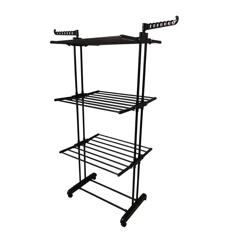 Séchoir à linge multifonctionnel sur 3 niveaux, support de séchage pliable et mobile en acier carbone avec étagère à chaussures - Noir
