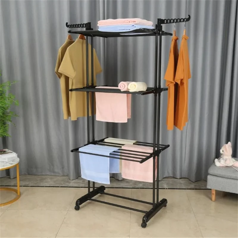 Séchoir à linge multifonctionnel sur 3 niveaux, support de séchage pliable et mobile en acier carbone avec étagère à chaussures - Noir