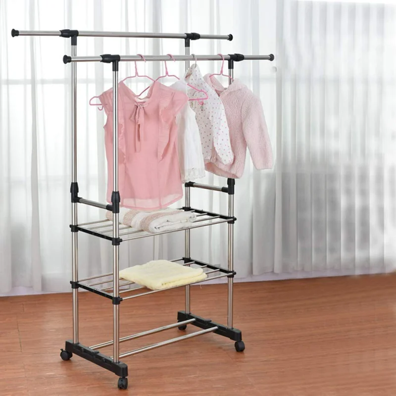 Séchoir à vêtements réglable Porte-serviettes autoportant Tige télescopique double avec roulettes