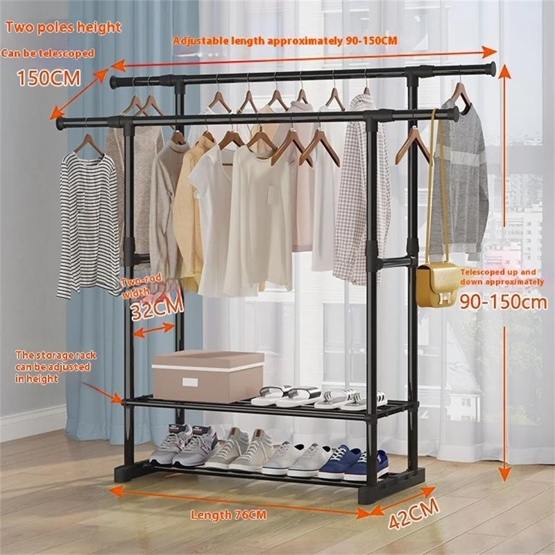 Tendedero con 2 Niveles de Estantes, Altura Ajustable, de Pie, Extensible con Doble Barra de Colgar