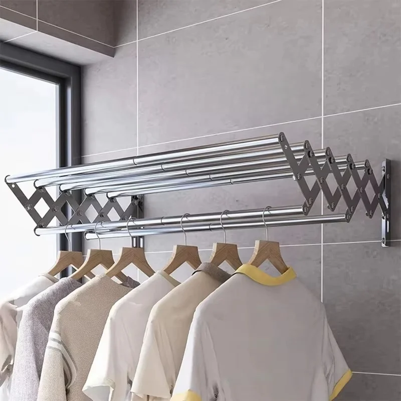 120cm 7 Bars Foldable Wall Mounted Clothes Drying Rack Stainless Steel Clothing Hanger