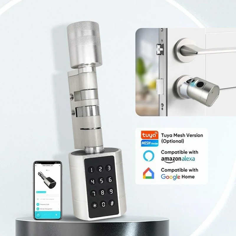 LVD11 Adjustable Smart Door Lock Cylinder APP Control Fingerprint Digital Password Security Entry Mechanical Key - Black