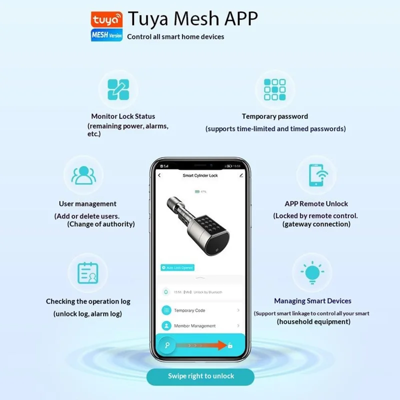 LVD11 Adjustable Smart Door Lock Cylinder APP Control Fingerprint Digital Password Security Entry Mechanical Key - Black