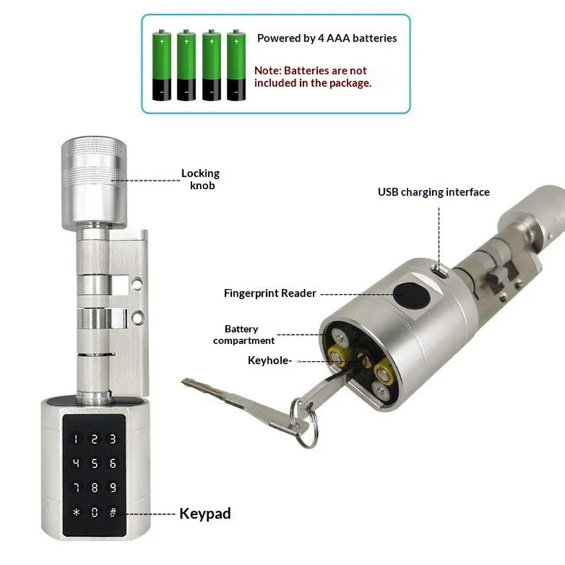 LVD11 Adjustable Smart Door Lock Cylinder APP Control Fingerprint Digital Password Security Entry Mechanical Key - Black