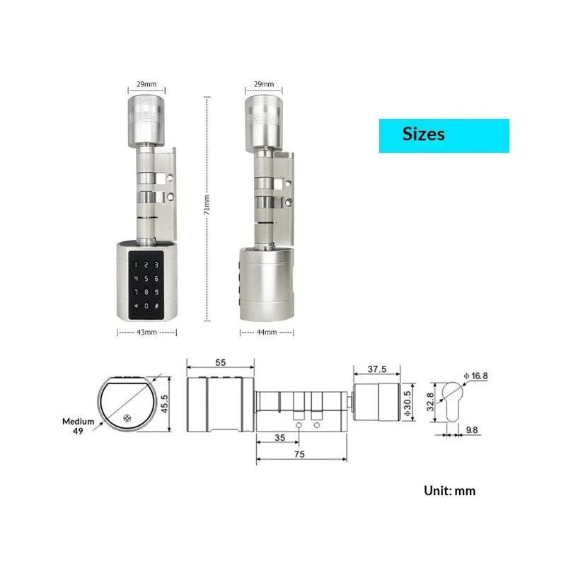 LVD11 Adjustable Smart Door Lock Cylinder APP Control Fingerprint Digital Password Security Entry Mechanical Key - Black