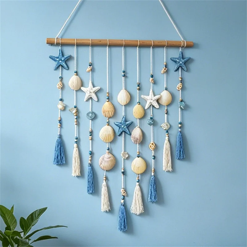 Shell Wall Hanging Tapestry Ocean Beach Boho Decor with Starfish Tassel for Bedroom Living Room - Blue