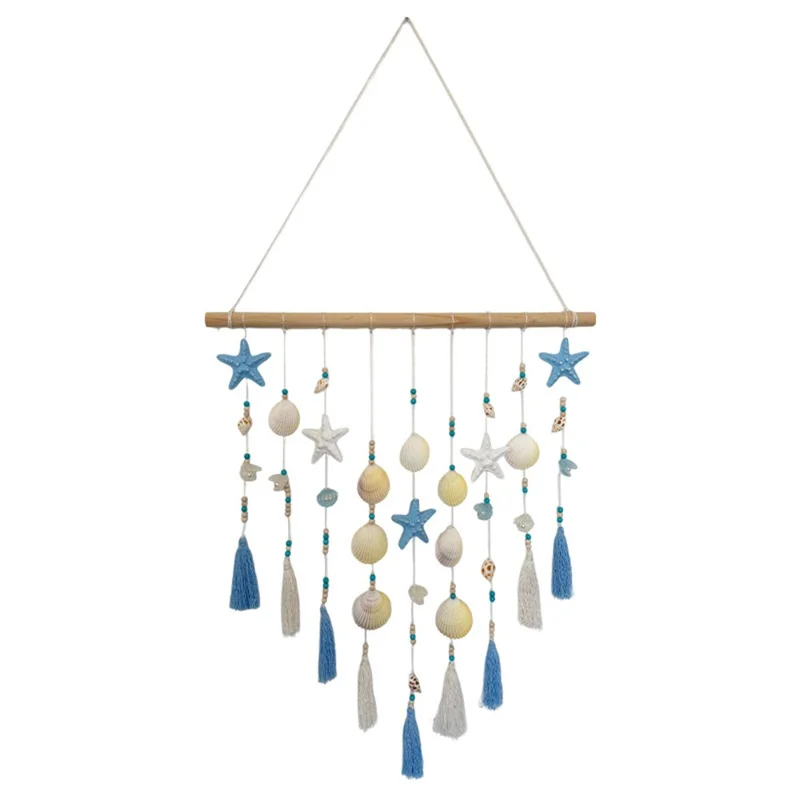 Shell Wall Hanging Tapestry Ocean Beach Boho Decor with Starfish Tassel for Bedroom Living Room - Blue