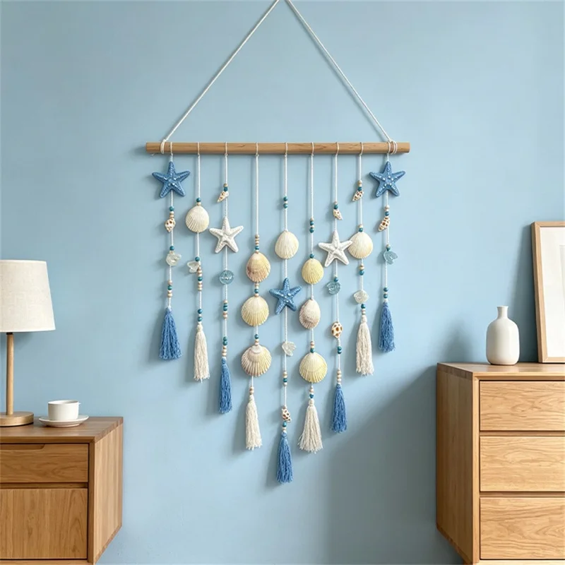 Shell Wall Hanging Tapestry Ocean Beach Boho Decor with Starfish Tassel for Bedroom Living Room - Blue