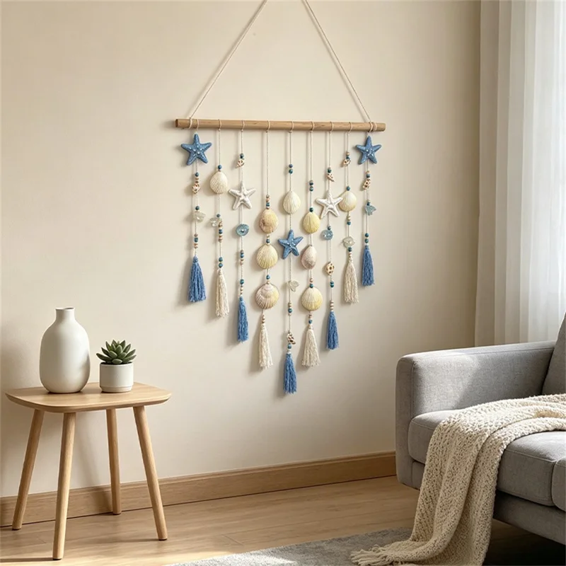 Shell Wall Hanging Tapestry Ocean Beach Boho Decor with Starfish Tassel for Bedroom Living Room - Blue