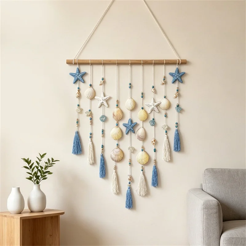 Shell Wall Hanging Tapestry Ocean Beach Boho Decor with Starfish Tassel for Bedroom Living Room - Blue