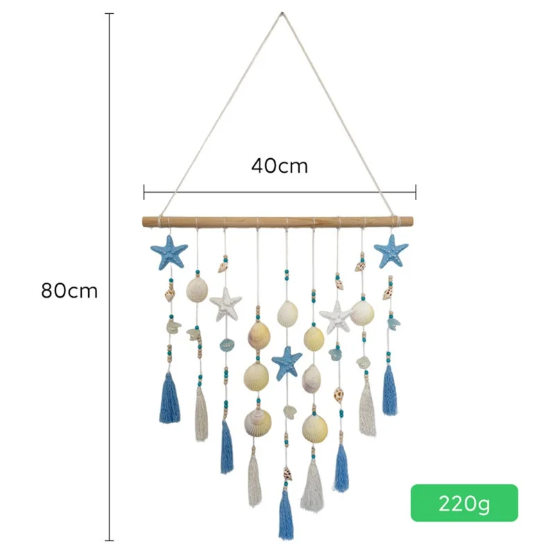 Shell Wall Hanging Tapestry Ocean Beach Boho Decor with Starfish Tassel for Bedroom Living Room - Blue