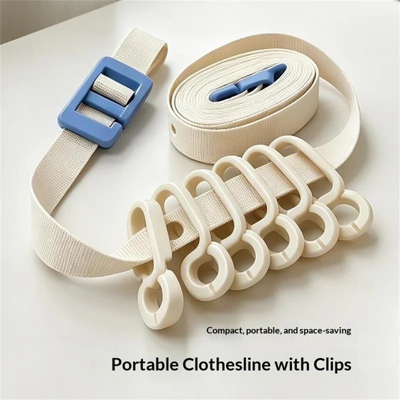 6 Clips Portable Clothesline 3.5m Adjustable Nylon + Polyester Webbing for Indoor Outdoor Drying - Beige