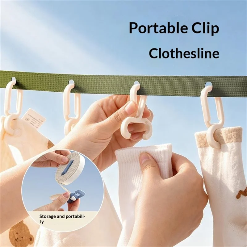 6 Clips Portable Clothesline 3.5m Adjustable Nylon + Polyester Webbing for Indoor Outdoor Drying - Beige