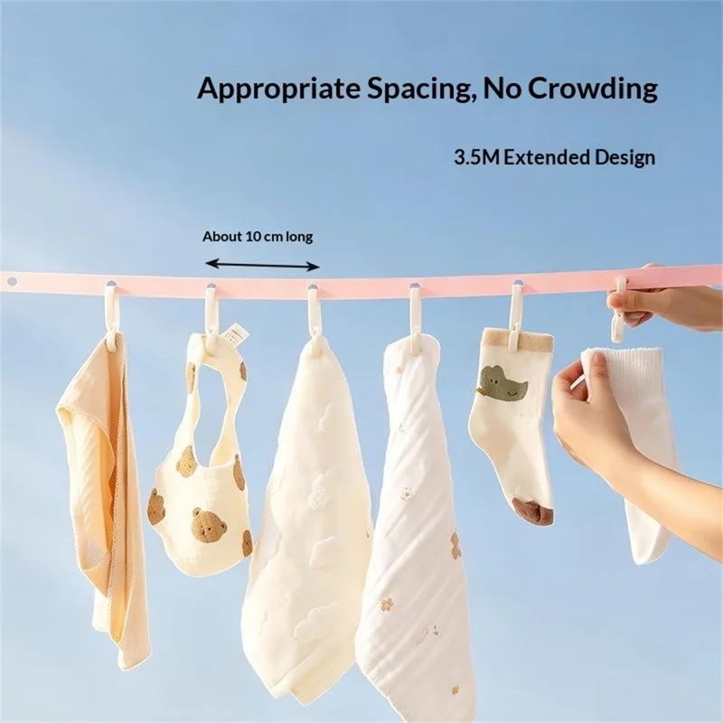 6 Clips Portable Clothesline 3.5m Adjustable Nylon + Polyester Webbing for Indoor Outdoor Drying - Beige