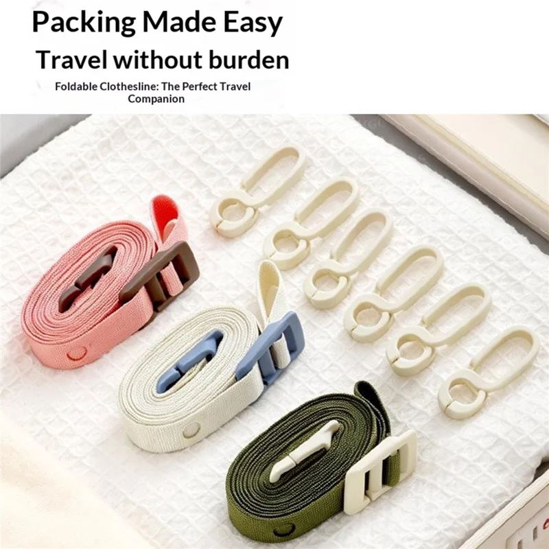 6 Clips Portable Clothesline 3.5m Adjustable Nylon + Polyester Webbing for Indoor Outdoor Drying - Beige