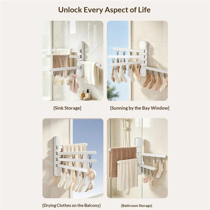 16 Clips 180 Degree Rotating Drying Rack Foldable HIPS + Stainless Steel No-Drill Wall Organizer - White