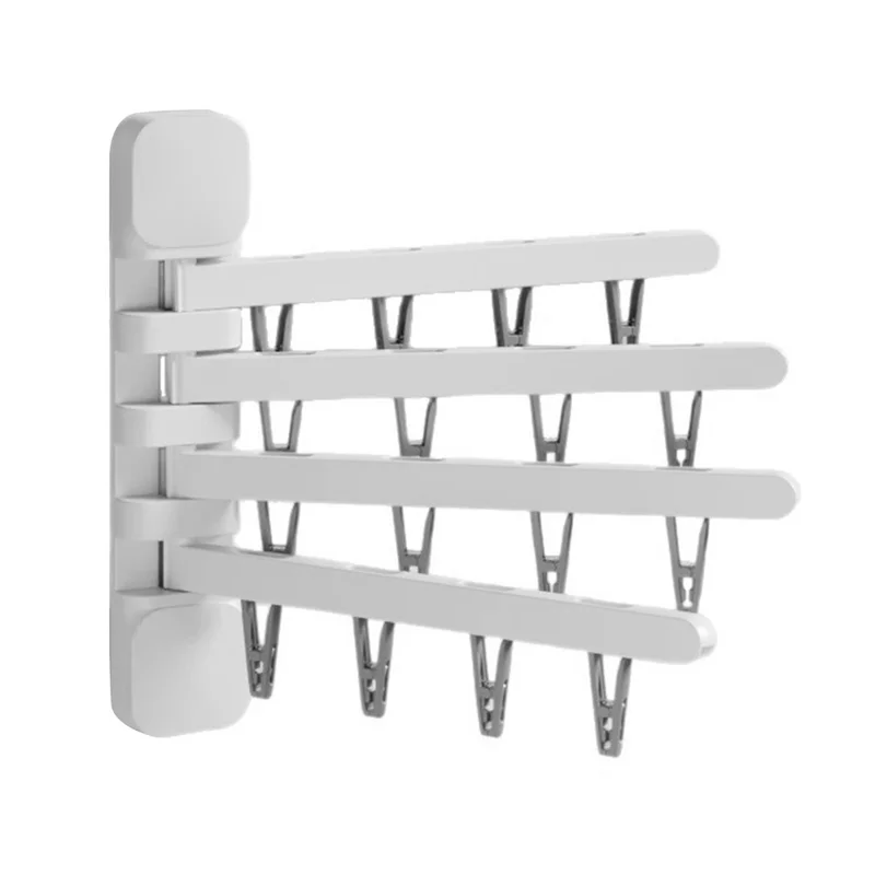 16 Clips 180 Degree Rotating Drying Rack Foldable HIPS + Stainless Steel No-Drill Wall Organizer - White