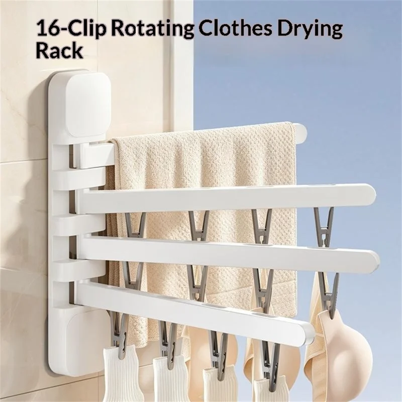16 Clips 180 Degree Rotating Drying Rack Foldable HIPS + Stainless Steel No-Drill Wall Organizer - White