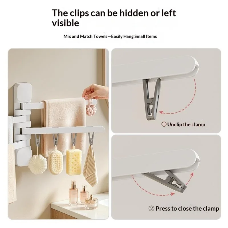 16 Clips 180 Degree Rotating Drying Rack Foldable HIPS + Stainless Steel No-Drill Wall Organizer - White