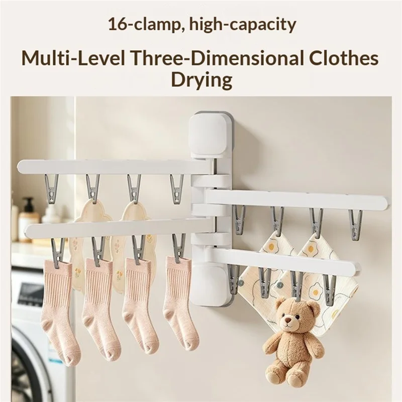 16 Clips 180 Degree Rotating Drying Rack Foldable HIPS + Stainless Steel No-Drill Wall Organizer - White