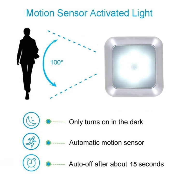 1 PZ 1143 Quadrato 6 LED Motion Sensor Light Light Batteria A Batteria A Induzione PIR Con Lampada Armadio A Luce Dell'armadio - Shell Argento / Luce Bianca