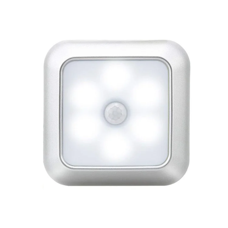 1pc 1143 Cuadrado 6 LED Motion Sensor Night Light Batería PIR PIR PIR INICIALIZADA CON LA LÁMPARA DE LUZ DE CAJA - Concha De Plata / Luz Blanca